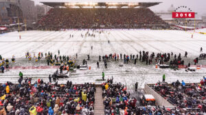 Image of a REDBLACKS game from the south stand during a snowy day in 2016