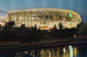 Image of the veil on the South side stands from the Rideau Canal showing the TD Place