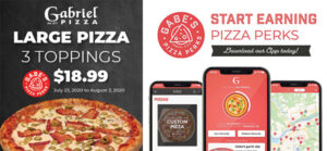 Graphic image of Gabriel Pizza 3 popping deal and their mobile app