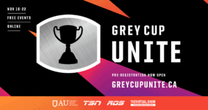 Graphic image promoting pre-registration for Grey Cup Unite