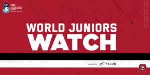 Graphic image with red, black, white stripes, a 67's logo, Telus logo, IIHF World Juniors logo and the text Watch World Juniors.